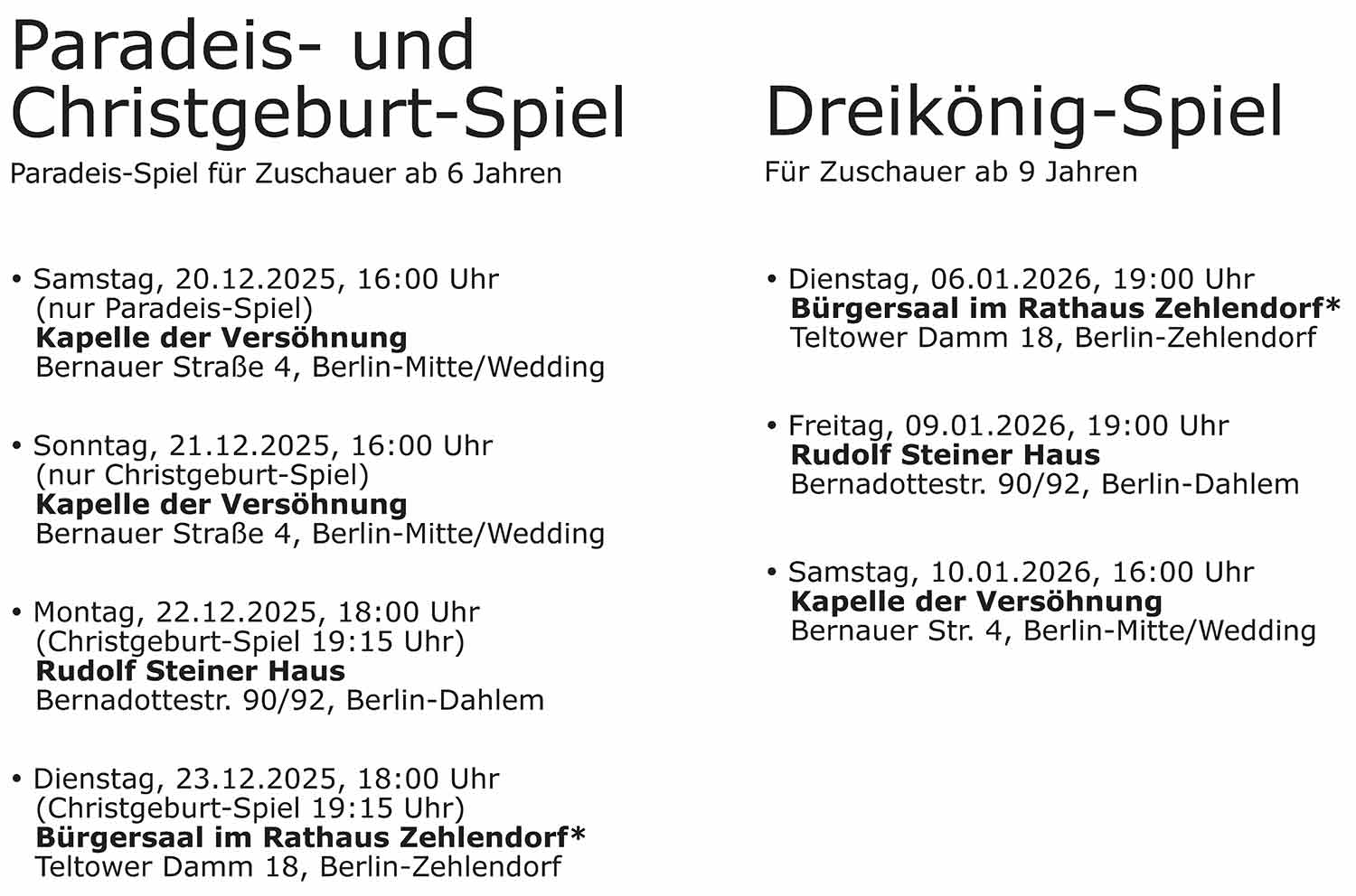 2025-2026 Oberuferer Weihnachtsspiele und Dreikönig-Spiel, Aufführungen der Berliner Spielkumpanei 2025-2026 Oberuferer Weihnachtsspiele und Dreikönig-Spiel, Aufführungen der Berliner Spielkumpanei